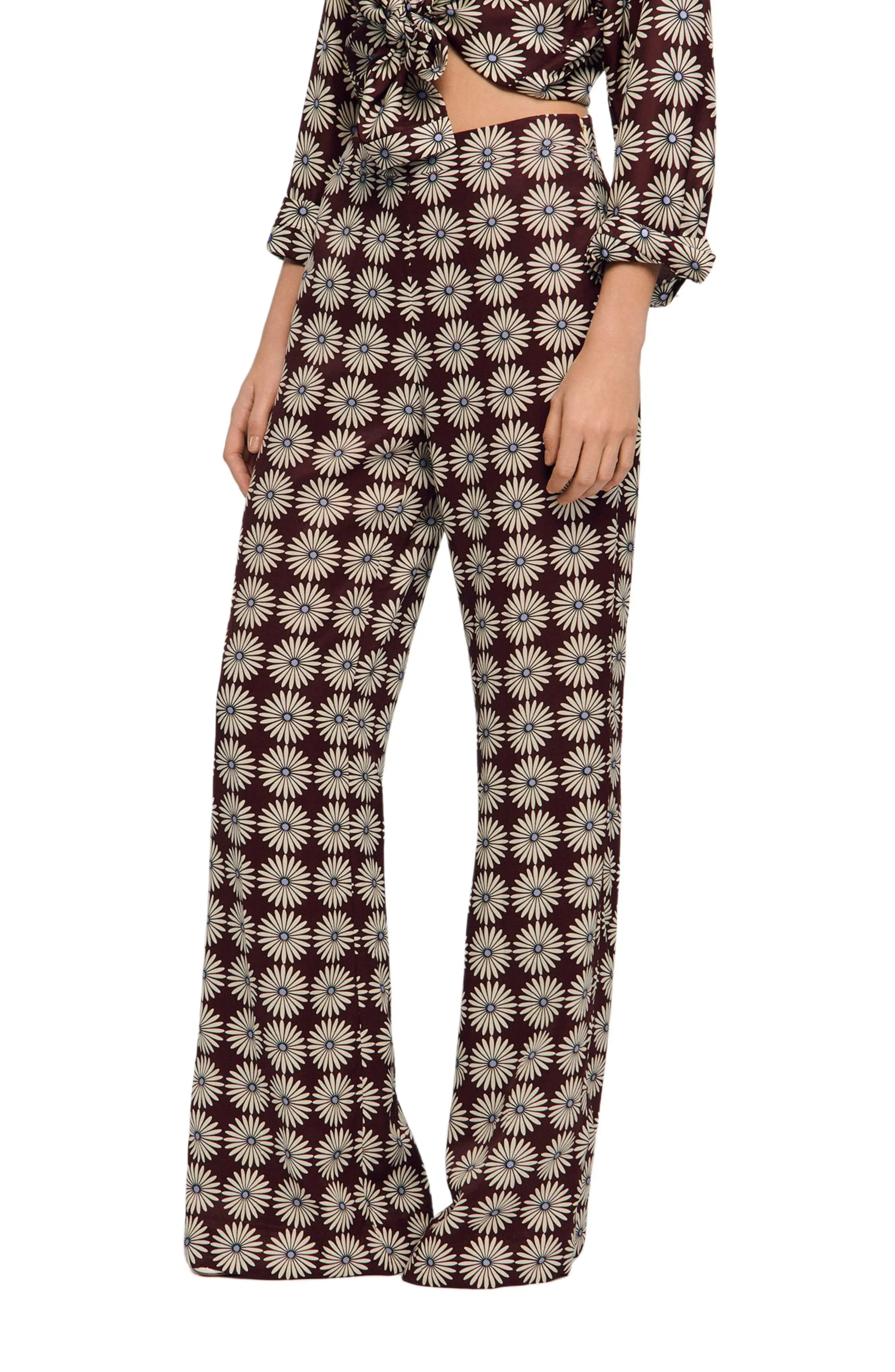 SANDRO Floral-print floaty trousers in Marron /Bleu at Nordstrom, Size 36 Eu | Nordstrom