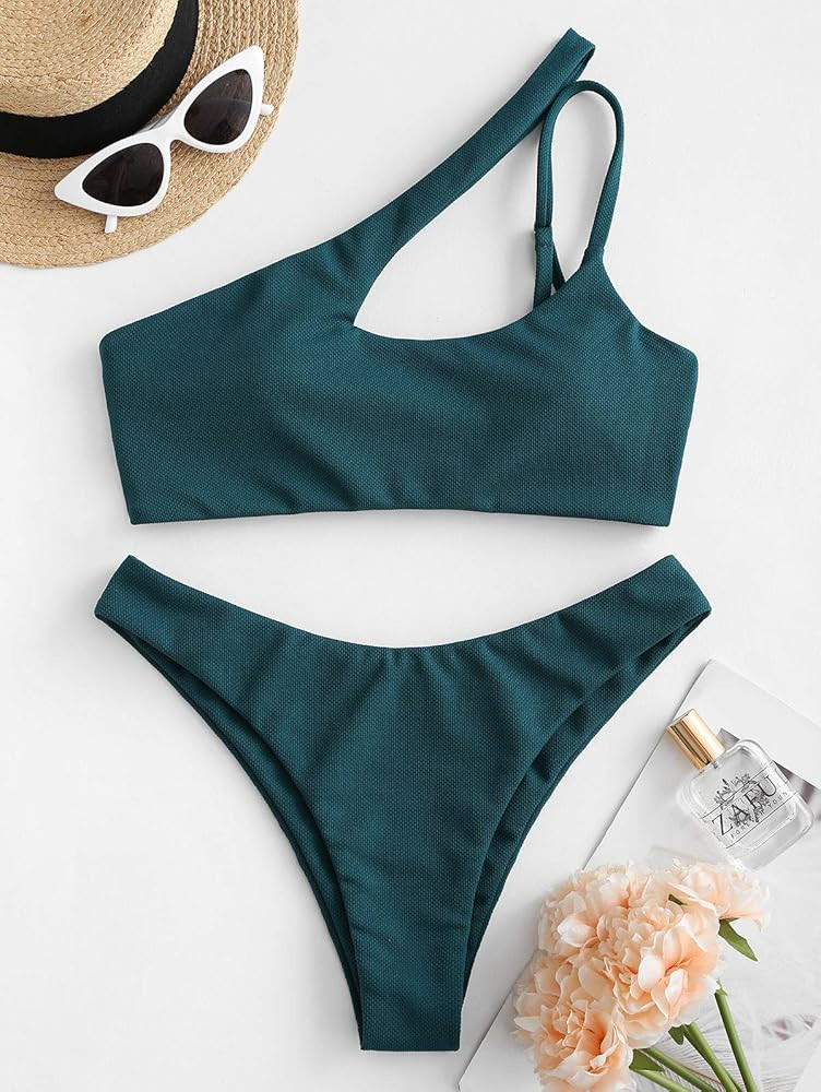 ZAFUL Women's Sexy Cutout One Shoulder Bikini Underwire Padded Bathing Suit Cheeky Thong Brazilian S | Amazon (US)