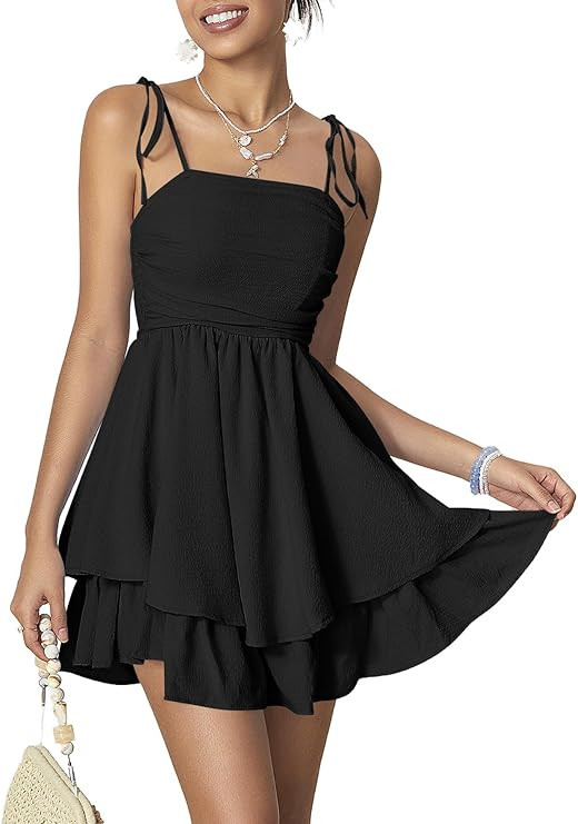 WDIRARA Women's Tie Shoulder Ruched Sleeveless Shirred Layered Ruffle Hem Cocktail Party Cami Dre... | Amazon (US)