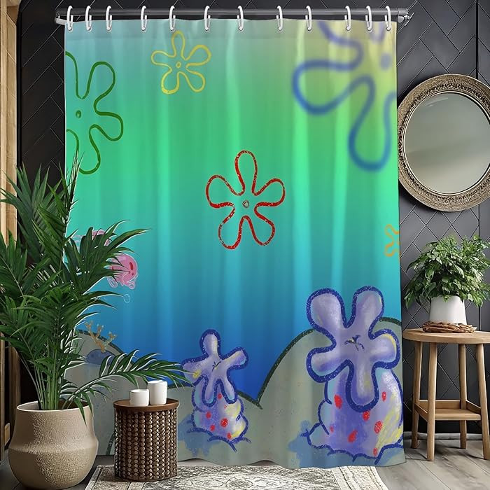 Green Ocean Shower Curtains,Cool Cartoon Anime Shower Curtains for Bathroom Decor,Funny Waterproo... | Amazon (US)