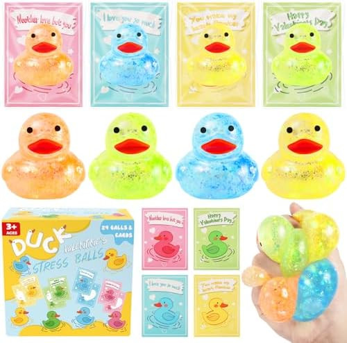 24Pack Valentines Day Gifts Cards with Rubber Ducks Stress Balls, Valentines Day Cards for Kids B... | Amazon (US)