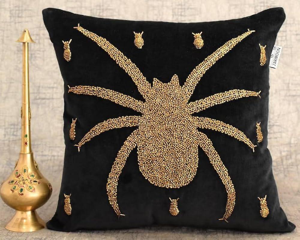ALL SIZES Black gold Beaded Pillow Cover Spider Velvet Handmade Halloween Contemporary Beaded Emb... | Amazon (US)