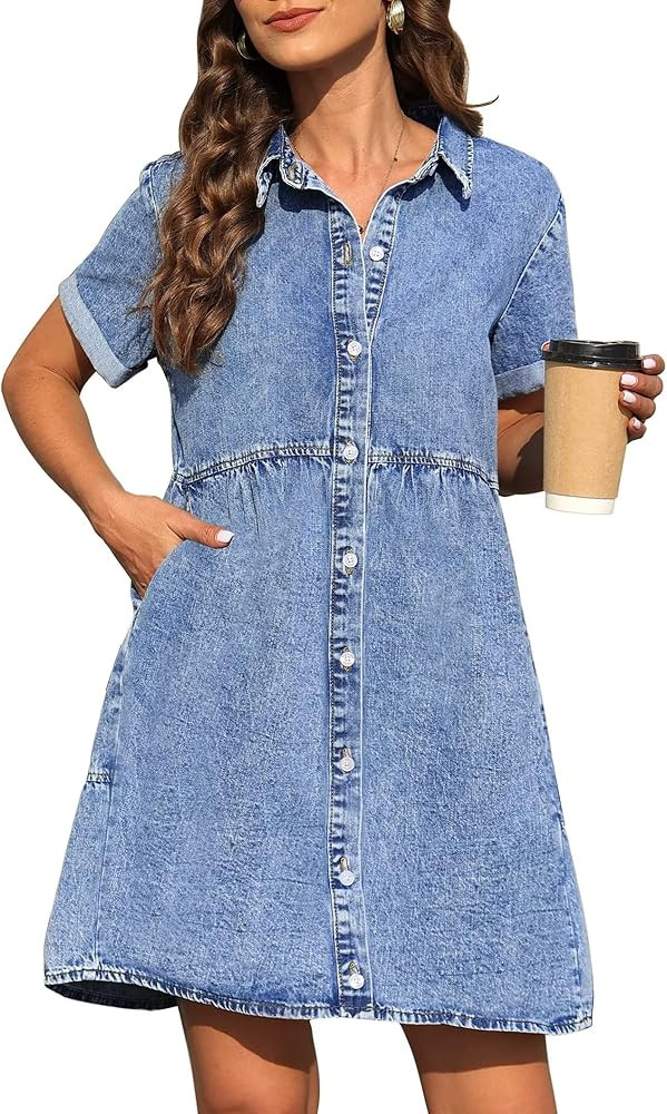 KDF Denim Dress for Women with Pockets Short Sleeve Babydoll Denim Shirt Dresses for Women 2024 | Amazon (US)
