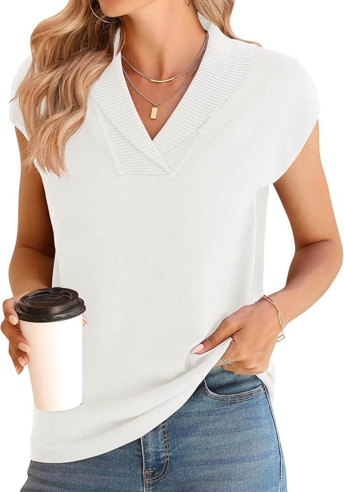 Ivicoer Sweater Vest Women V-Neck Knitted Pullover Short Cap Sleeve Collared Tops Dressy Casual 2... | Amazon (US)