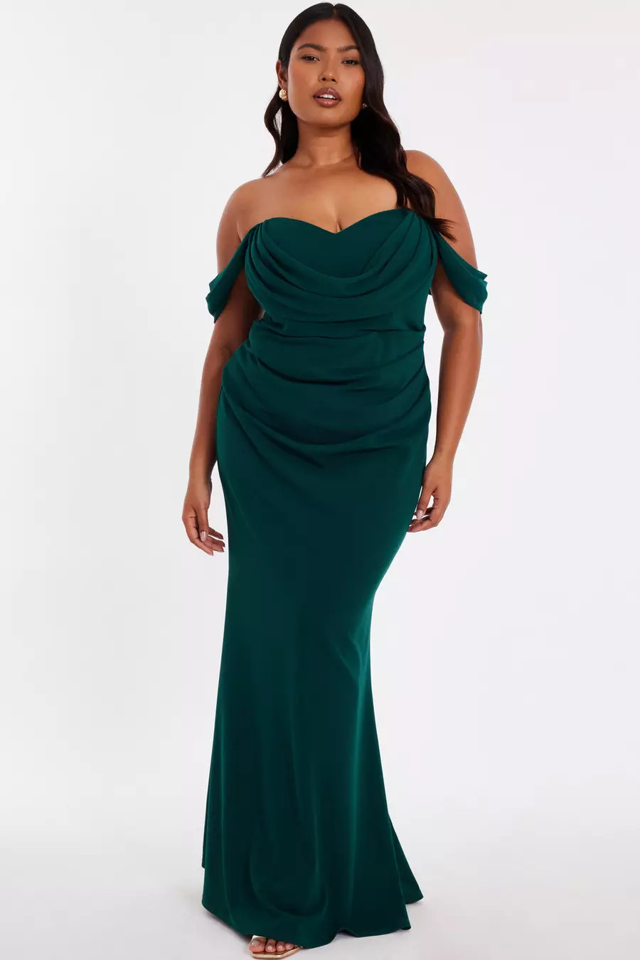 Home/Curve Bottle Green Chiffon Bardot Maxi Dress | Quiz Clothing