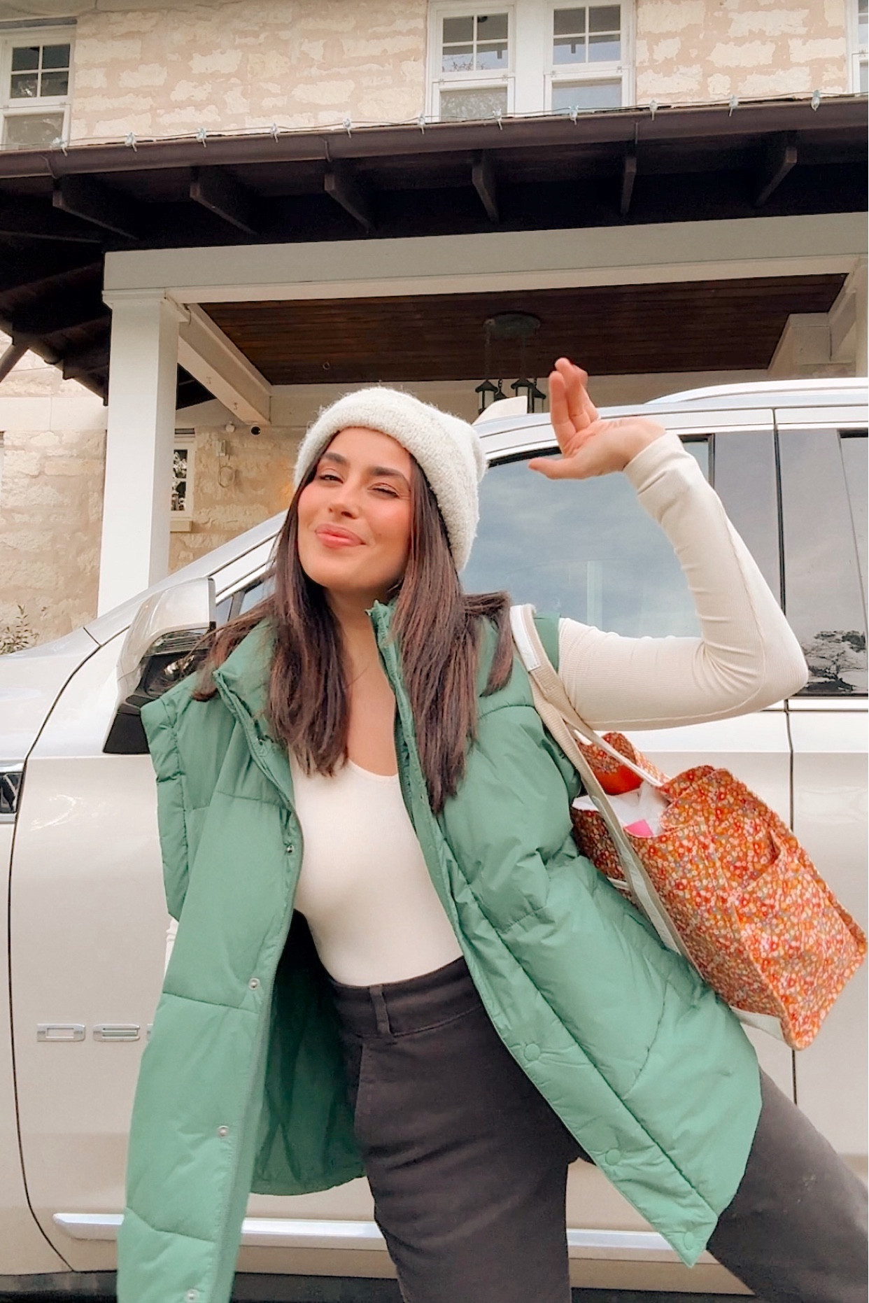 Cozy winter look! ❄️ wearing size S in all! 
Vest: OFFLINE by Aerie (green is no longer available but the coconut shade is!)
Beanie: Target 
Bag: Tory Burch 
Bottoms: Everlane 
Shirt: oldie from Abercrombie

#LTKfindsunder100 #LTKstyletip #LTKSeasonal