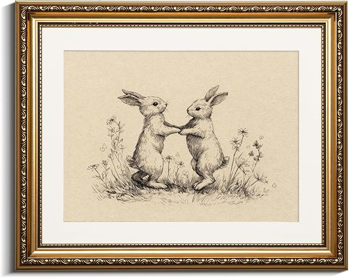 VIYYIEA Funny Easter Gold Framed Wall Art Rabbit Duet Dance Canvas Prints, Vintage Bunny Home Dec... | Amazon (US)