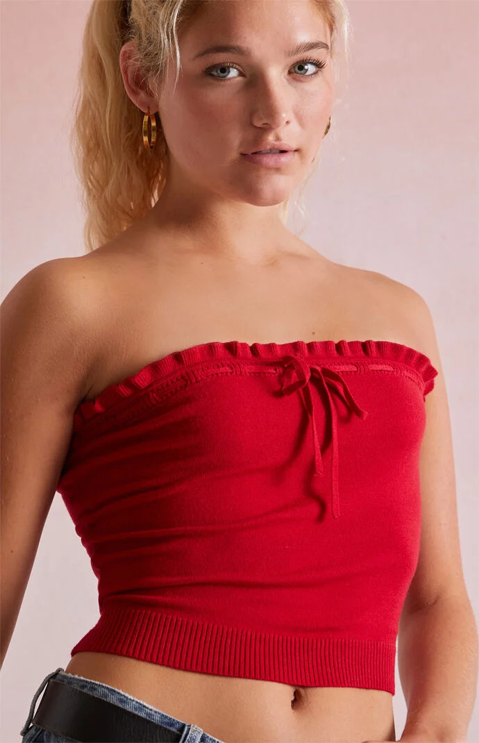 Beverly and Beck Women's Ruffle Edge Tube Top in Red - Size Large | PacSun