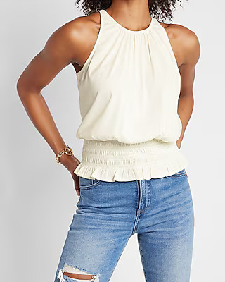 Conscious Edit Ruched High Neck Smocked Waist Top | Express