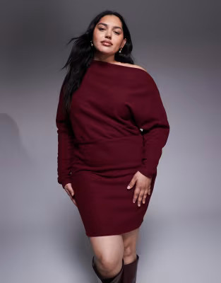 ASOS DESIGN Curve supersoft long sleeve fallen shoulder mini dress in mulberry | ASOS (Global)