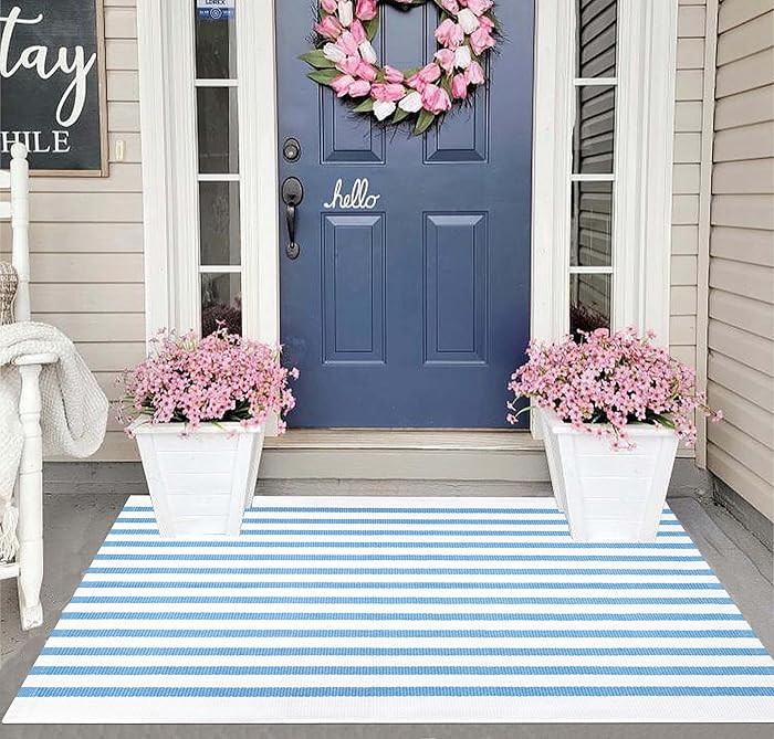 Striped Area Rug 27.5"x43",Light Blue and White Farmhouse Front Porch Rug Cotton Woven Washable E... | Amazon (US)