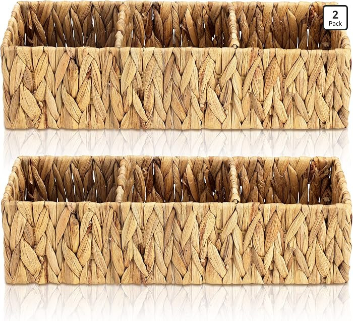 2 Pack 3 Section Wicker Storage Baskets Toilet Basket Tank Topper Natural Handmade Woven Storage ... | Amazon (US)