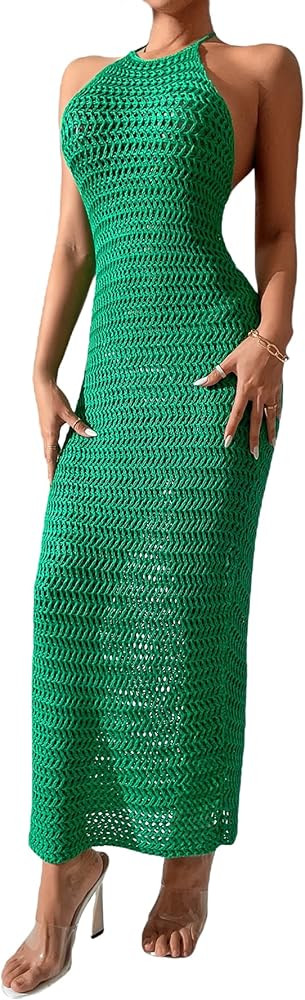 SOLY HUX Women's Summer Crochet Cami Dress Tie Back Backless Halter Bodycon Long Maxi Dresses | Amazon (US)