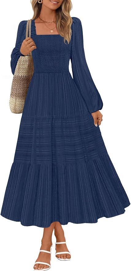 MEROKEETY Women's 2025 Long Sleeve Fall Dress Square Neck Smocked Flowy Tiered Casual Maxi Dresse... | Amazon (US)