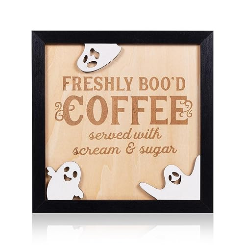 FRESHLY BOO’D COFFEE Halloween Signs, Funny Halloween Coffee Bar Decorations, Wooden Halloween ... | Amazon (US)