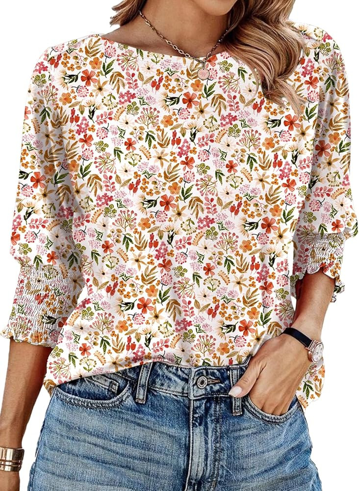 IECCP 3/4 Length Sleeve Womens Tops Summer 2025 Fashion Trendy Boat Crew Neck Smocked Work Dressy... | Amazon (US)