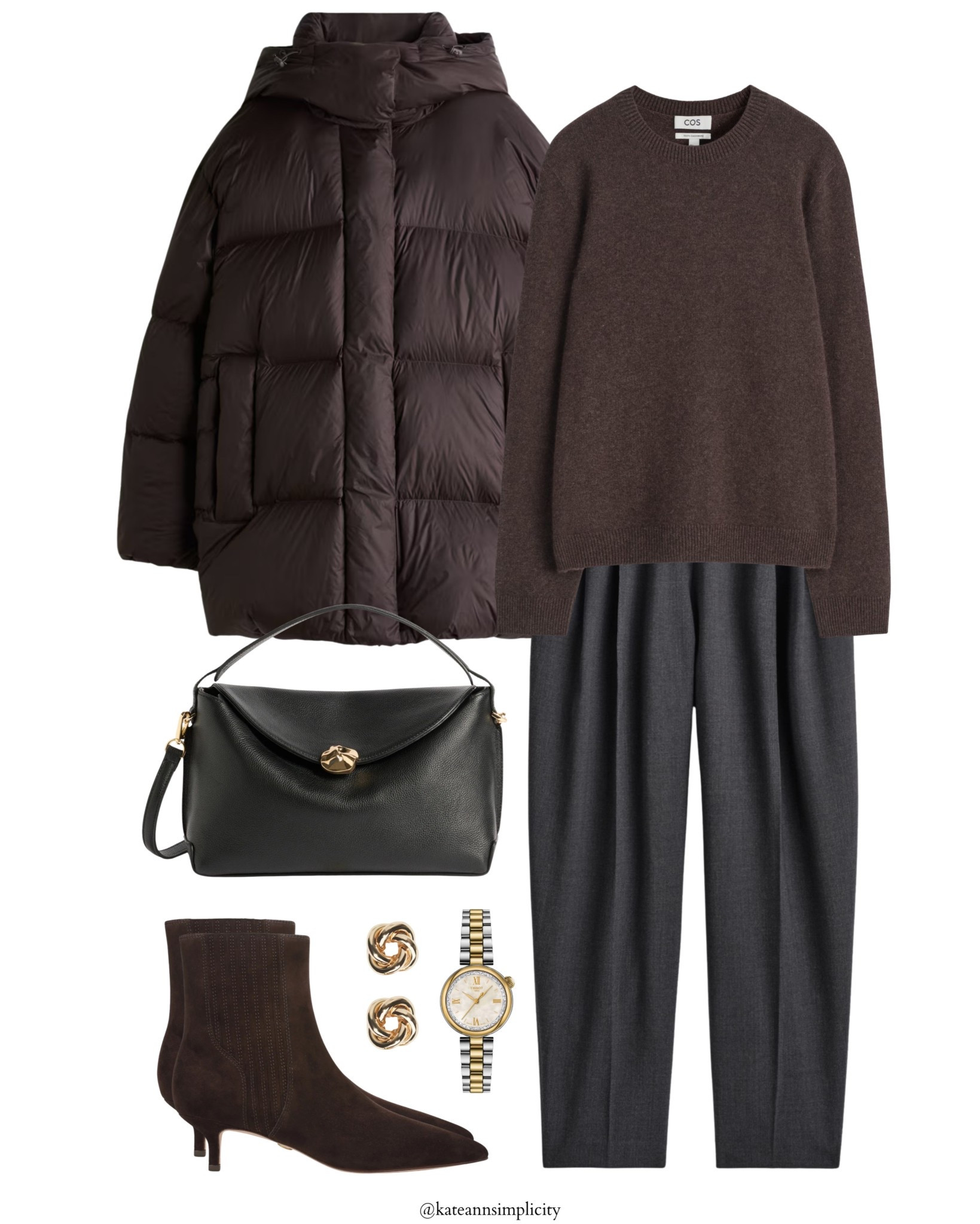 An elevated winter outfit that blends warmth with refined minimalism. The rich chocolate puffer and soft knit pair effortlessly with tailored charcoal trousers for a look that’s polished yet comfortable. Suede ankle boots, a structured black bag and gold accents add timeless sophistication, creating a chic everyday ensemble that feels both luxurious and practical.

#LTKGiftGuide #LTKSeasonal #LTKHoliday