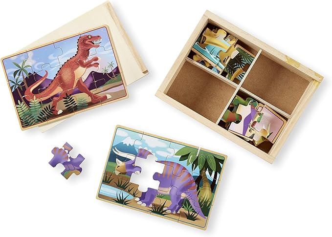 Amazon.com: Melissa & Doug Dinosaurs 4-in-1 Wooden Jigsaw Puzzles in a Storage Box (48 pcs) - Kid... | Amazon (US)