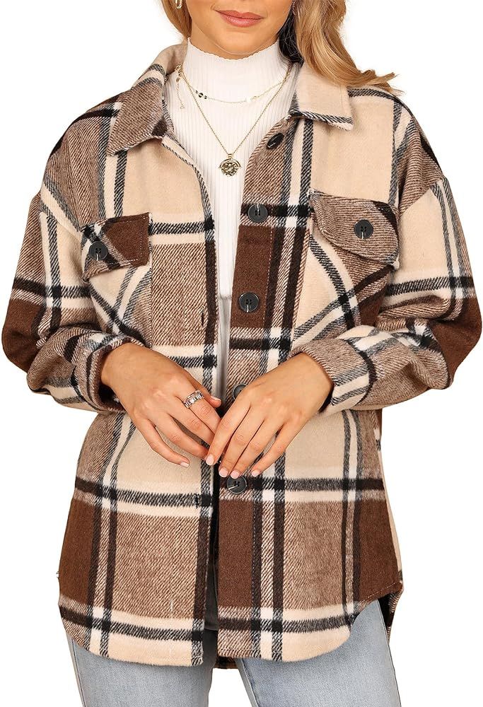 Beaully Women's 2024 Fall Clothes Plaid Shacket Jacket Long Sleeve Button Down Flannel Shirts Fas... | Amazon (US)