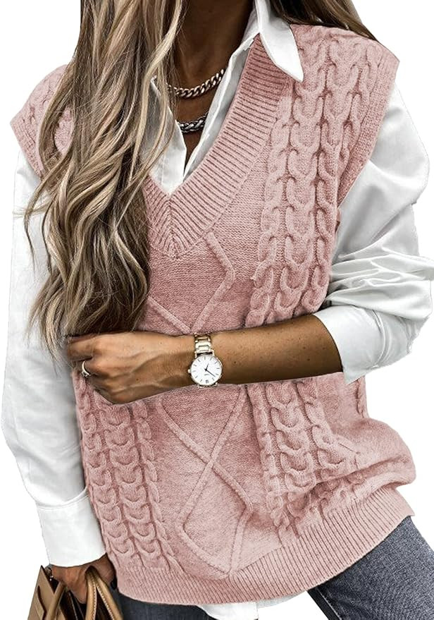 Happy Sailed Womens V Neck Sweater Vest Oversized Cable Knitted Sleeveless Sweaters Tops S-2XL | Amazon (US)