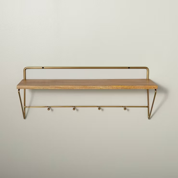 24" Wood & Brass Wall Shelf with Hooks - Hearth & Hand™ with Magnolia | Target