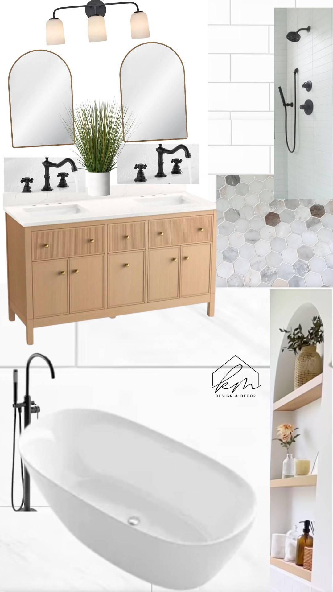Primary Suite/ Master Bathroom Warm wood, natural colors, black fixtures #primarybathroom #bathroommoodboard #vanity #masterbathroom #beautifulbathroom#LTKFamily

#LTKMens #LTKHome