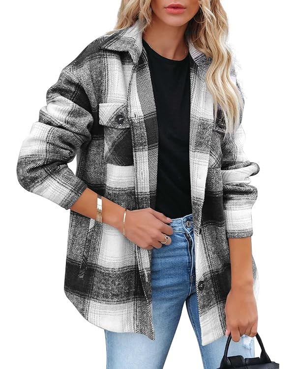 Beaully Women's Flannel Plaid Shacket Long Sleeve Button Down Shirts Jacket Coats with Side Pocke... | Amazon (US)