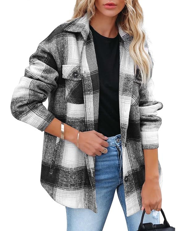 Beaully Women's Flannel Plaid Shacket Long Sleeve Button Down Shirts Jacket Coats with Side Pocke... | Amazon (US)