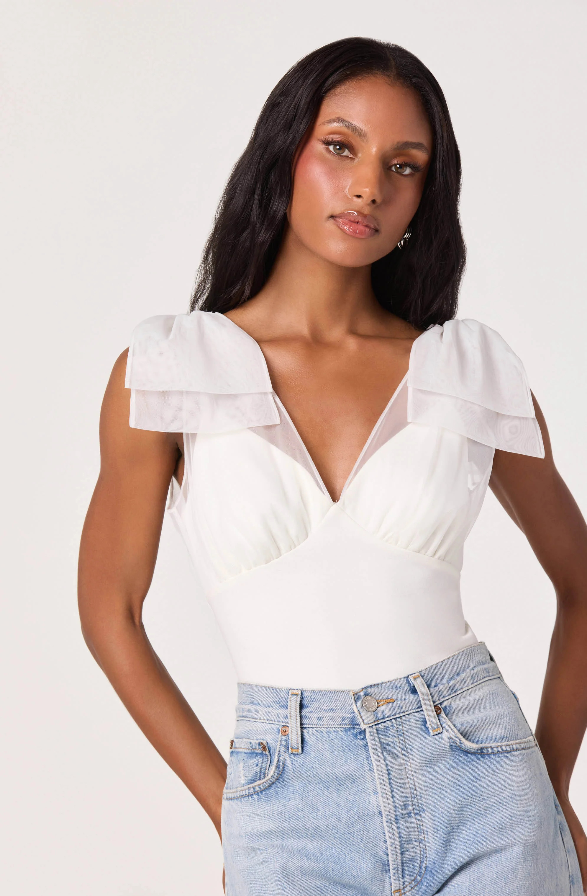 Maelie Bow Shoulder Bodysuit - White / XS | ASTR The Label (US)
