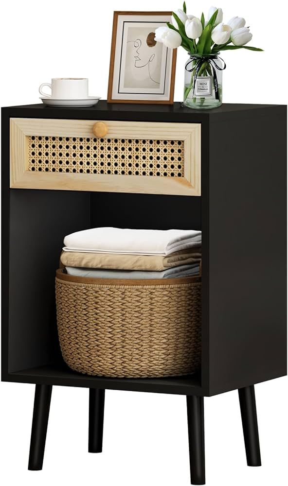 Koifuxii Black Night Stand, Rattan Nightstand with Drawer, Living Room End Tables, Boho Bedside T... | Amazon (US)