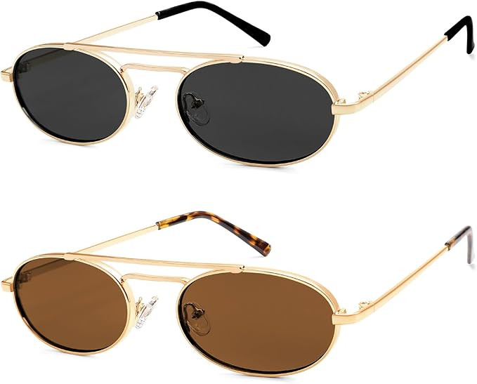 Oval Trendy Retro sunglasses Double bridge for women men 90S Narrow Vintage Small Sunnies AR81048 | Amazon (US)
