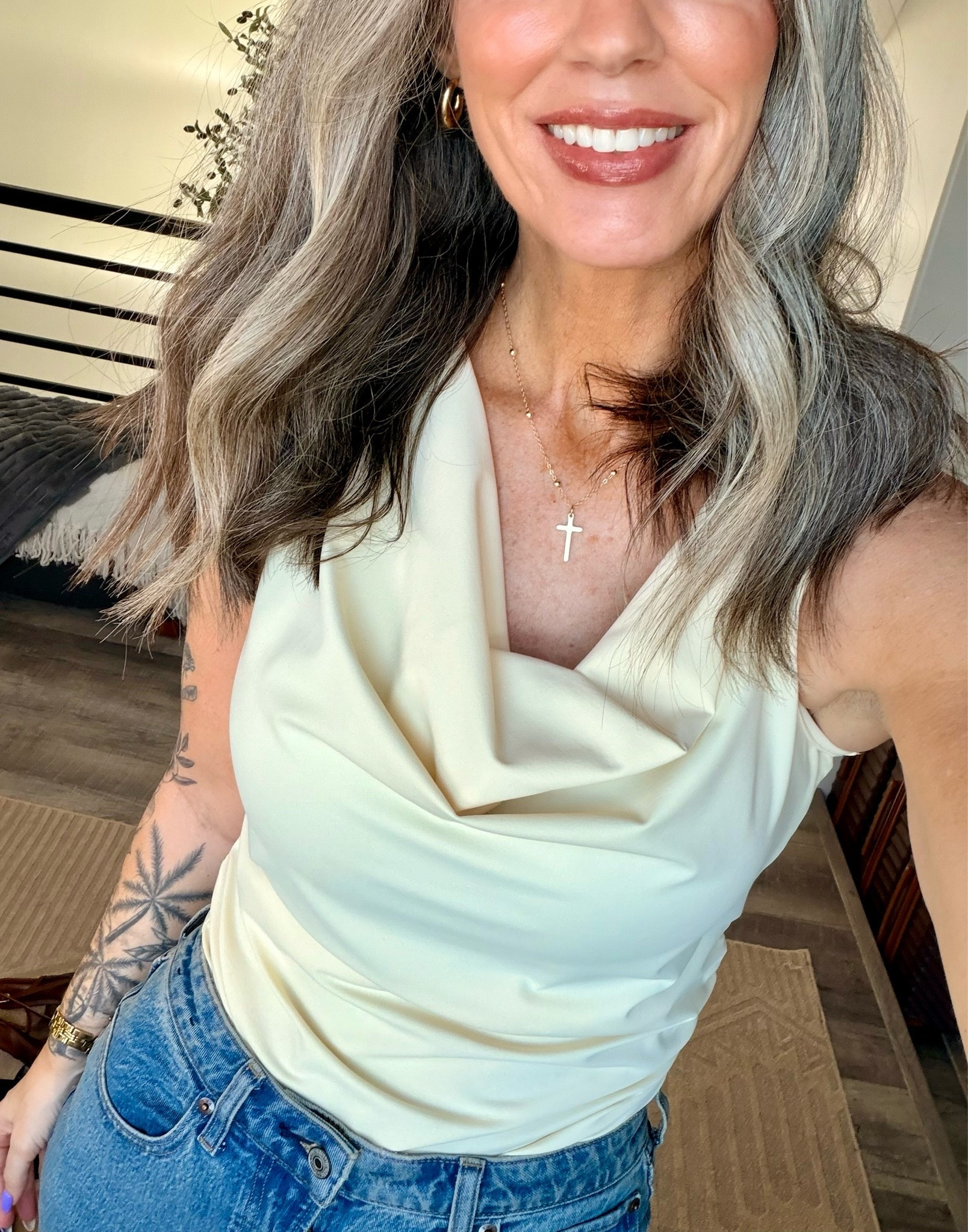 Such a cute cowl neck tank! Wearing size M.

#LTKOver40