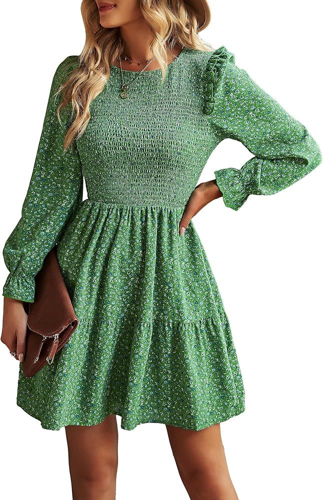 Women's Fall Floral Print Ruffle Long Sleeve Mini Dress Crewneck Smocked High Waist A Line Short ... | Amazon (US)