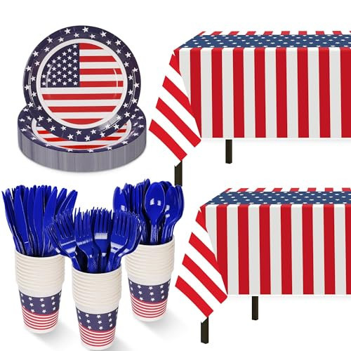 Childom Patriotic Party Supplies,152Pcs American Flag Themed Party Set,Patriotic Party Decorations,American Flag Tablecloth,4th of July Plates Cups,Red White and Blue Decor for Outside,Picnic,Memorial | Amazon (US)