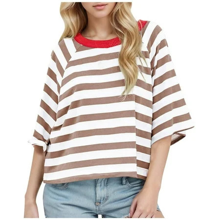 Women s Casual Striped Tee With Drop Shoulder Sleeves Crop Top | Walmart (US)