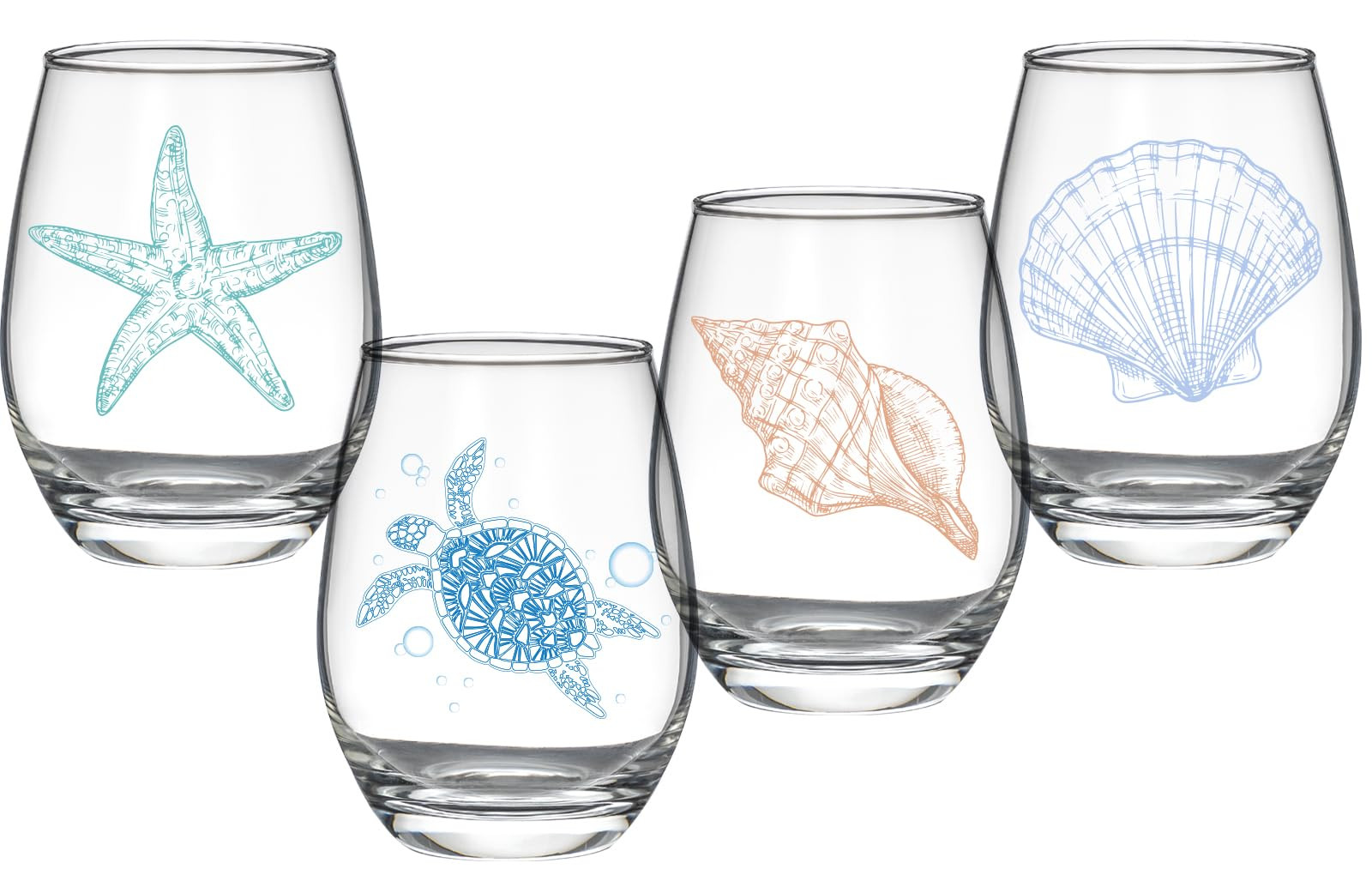 Ocean Themed Stemless Wine Glasses, Set of 4 Seashore Glassware - Sea Turtle, Starfish, Seashell,... | Amazon (US)