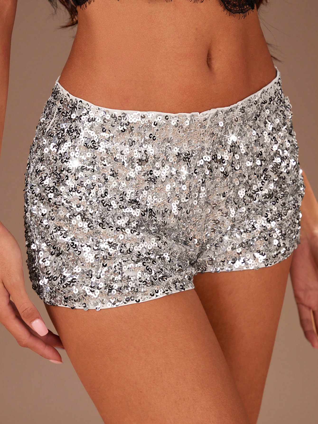SHEIN SXY Fall Women Clothes;Sexy Date Club High Stretch Silver Bead Ultra-Low Waistline Shorts;W... | SHEIN