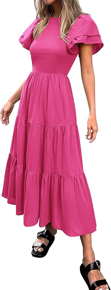 BTFBM Women Casual Summer Dresses Crewneck Flutter Puff Short Sleeve Elastic Waist Flowy ALine Ti... | Amazon (US)