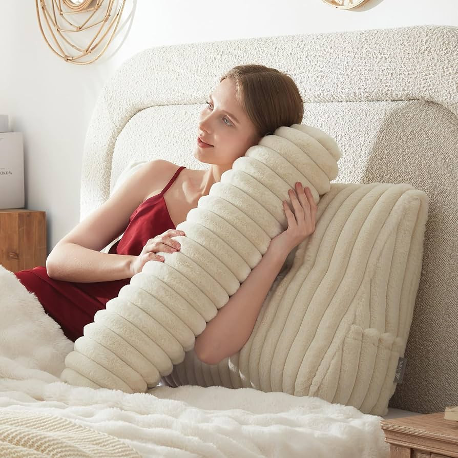 Headboard Pillow + A Long Neck Roll Pillow Body Pillow，Faux Fur Headboard Wedge Pillow with Removable Cover (Beige, Twin：39x8x20 inches) | Amazon (US)