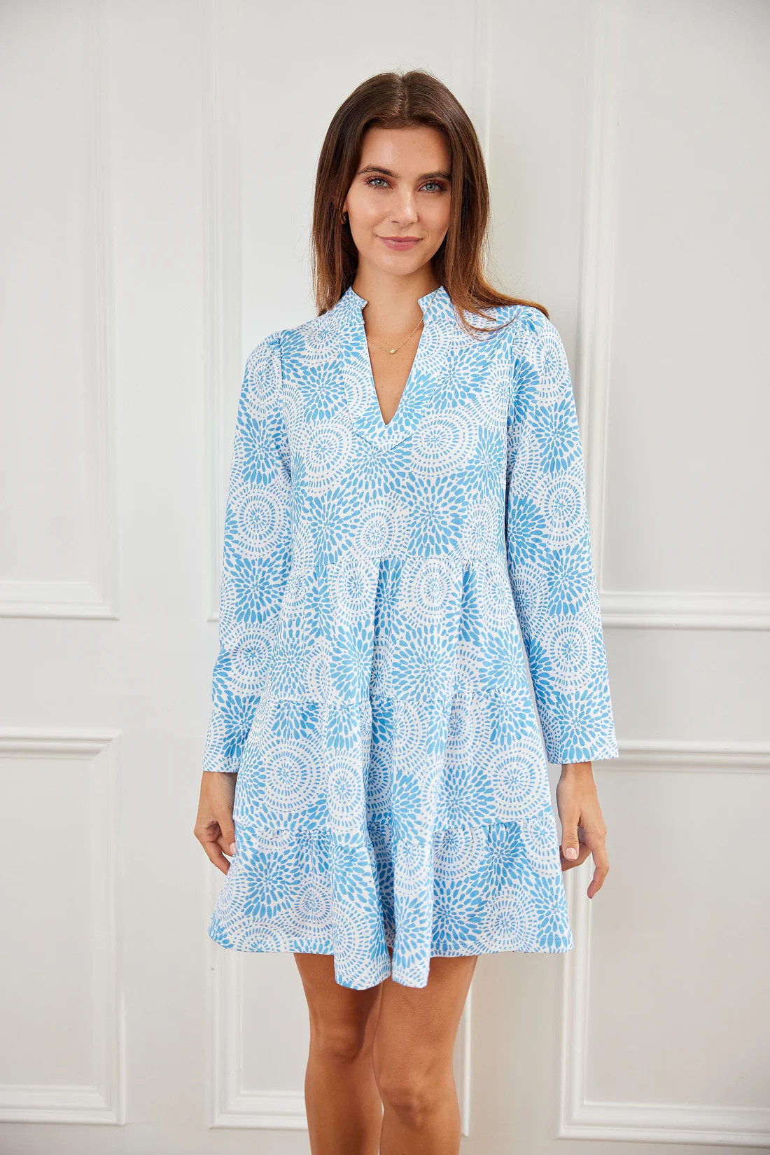 Blue Dot Matrix Long Sleeve Tunic Flare Dress | Sail to Sable