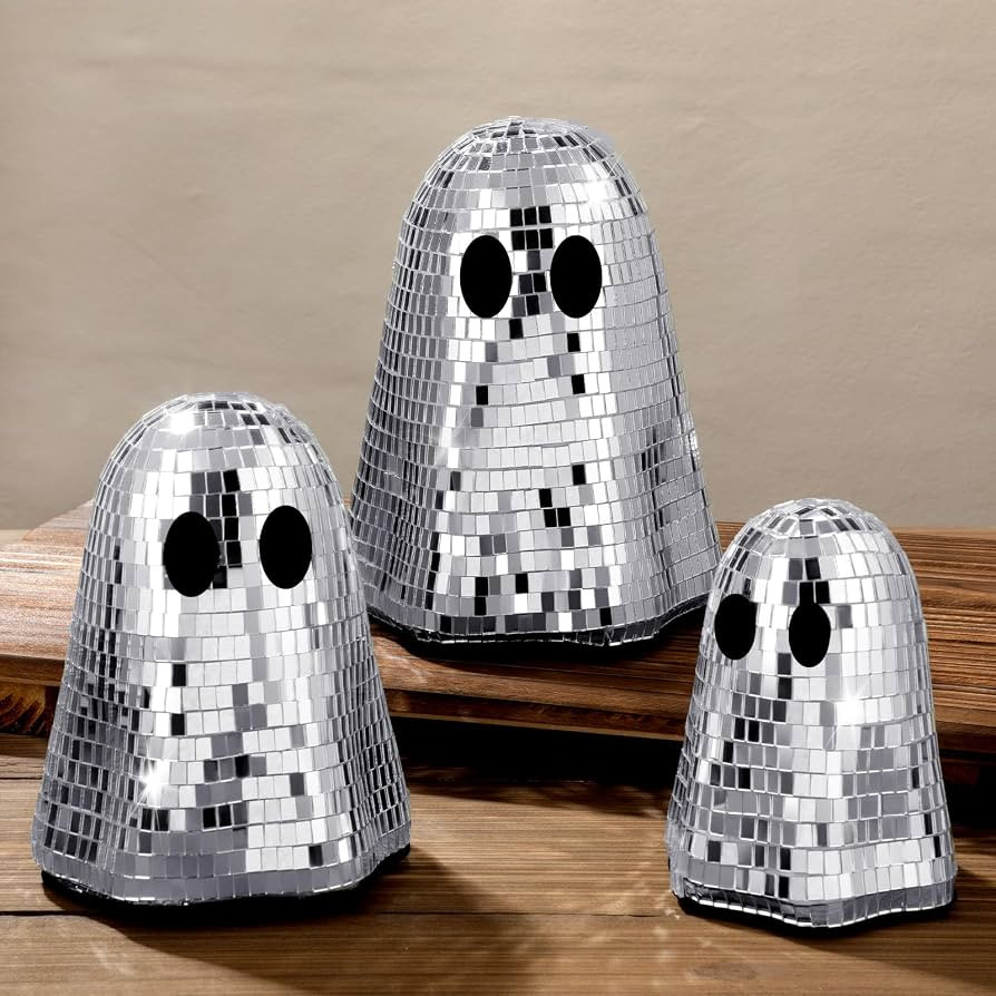 Simgoing 3 Pcs Summer Halloween Disco Ghost Decor 6'' 5'' 4''Halloween Ornament Silver Mirror Dis... | Amazon (US)