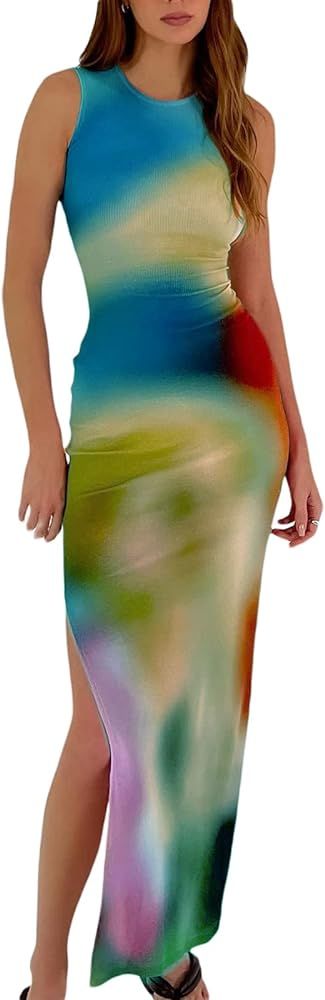 Women's Casual Tie-Dye Bodycon Maxi Dress Sleeveless Tank Wrap Split Beach Party Long Dresses | Amazon (US)