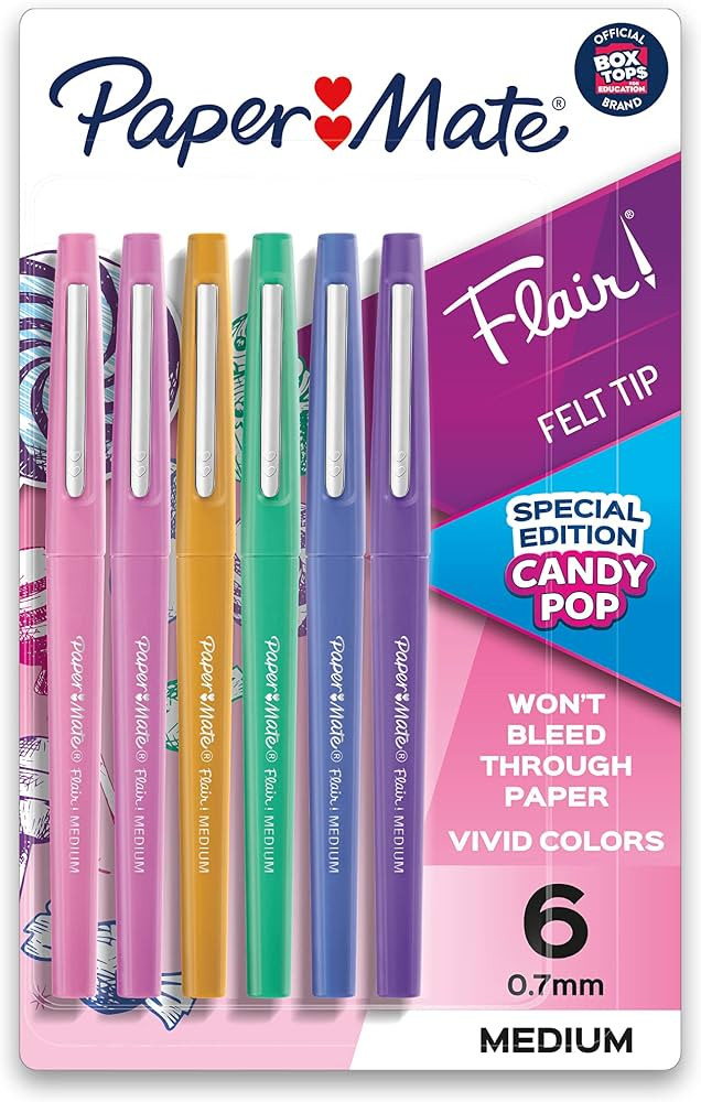 Paper Mate Flair Felt Tip Pens, Medium Point (0.7mm), Limited Edition Candy Pop Pack, 6 Count | Amazon (US)