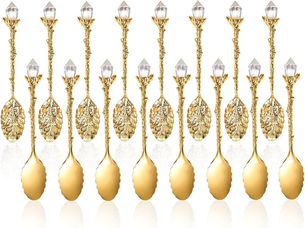 16 Pieces Retro Spoon, Crystal Alloy Coffee Spoons, Vintage Carved Decorative Gold Dessert Spoons... | Amazon (US)