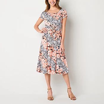 new!Perceptions Petite Short Sleeve Floral Puff Print Midi Fit + Flare Dress | JCPenney