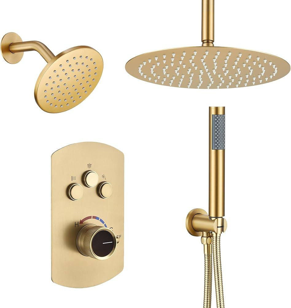MONDAWE 12 Inch Ceiling Mounted Shower System in Brushed Gold, 3-Functions Shower Faucet Set with... | Amazon (US)