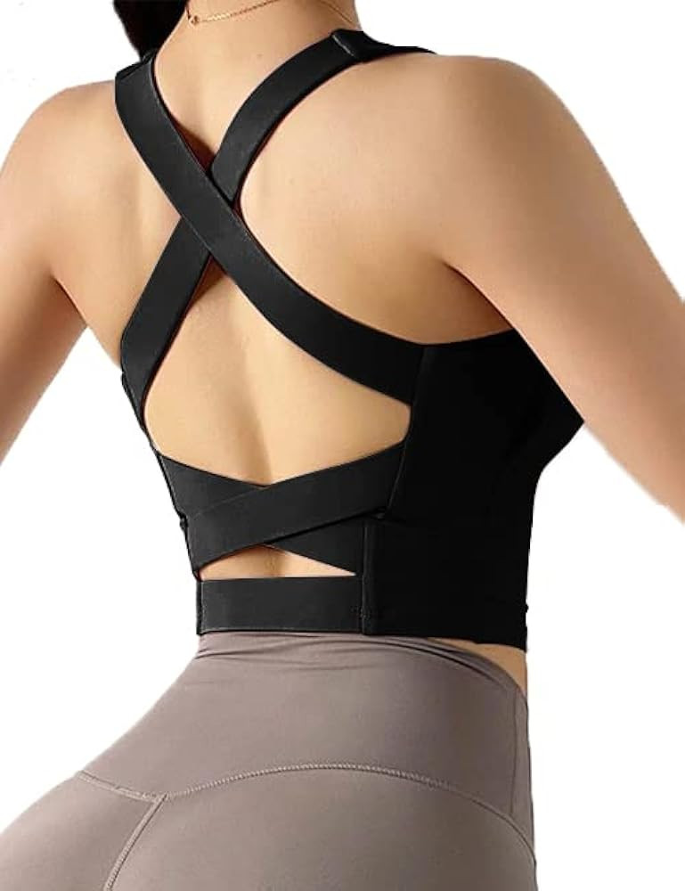 Women's Strappy Sports Bra Criss Cross Back Crop Tank Top Padded Fitness Workout Tops Longline Yoga  | Amazon (US)