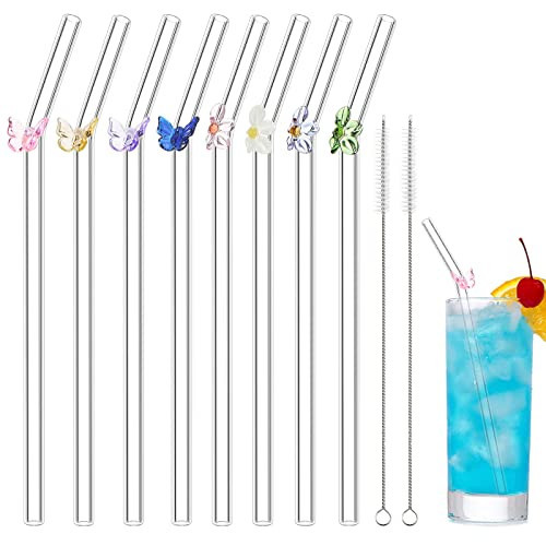 8 Pcs Reusable Glass Straws with Flower Butterfly Glass Clear Shatter Resistant Bent Colorful Floral Cute Reusable Straws with 2 Pcs Brush for Party Drink Cocktail | Amazon (US)