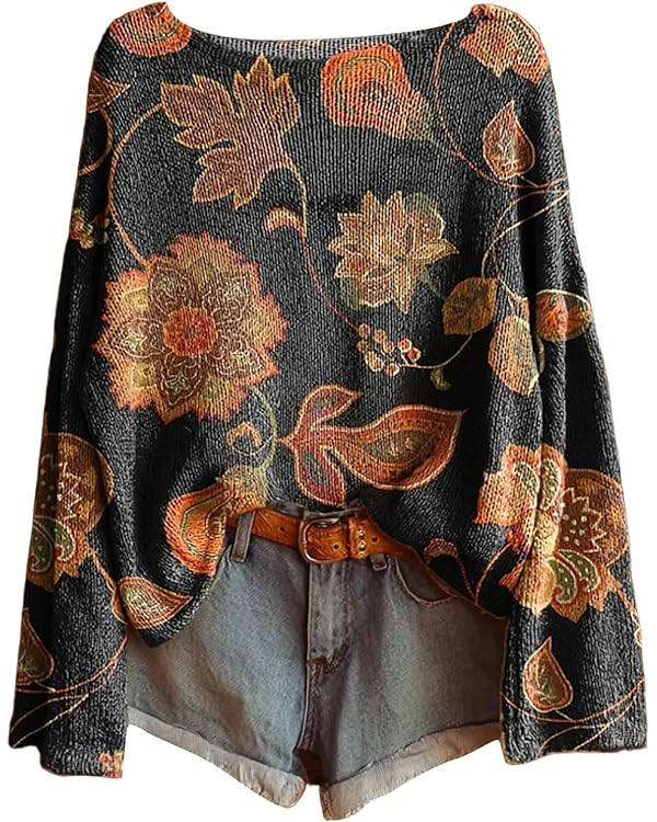 Fall Sweaters for Women 2025 Plus Size Boho Vintage Graphic Print Outfits Casual Long Sleeve Cute... | Amazon (US)