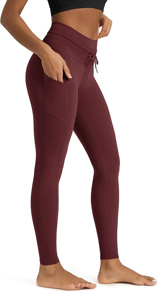 ODODOS Women's Drawstring Tie Daily Pocket Leggings 25" / 28" High Waist Workout Yoga Pants | Amazon (US)